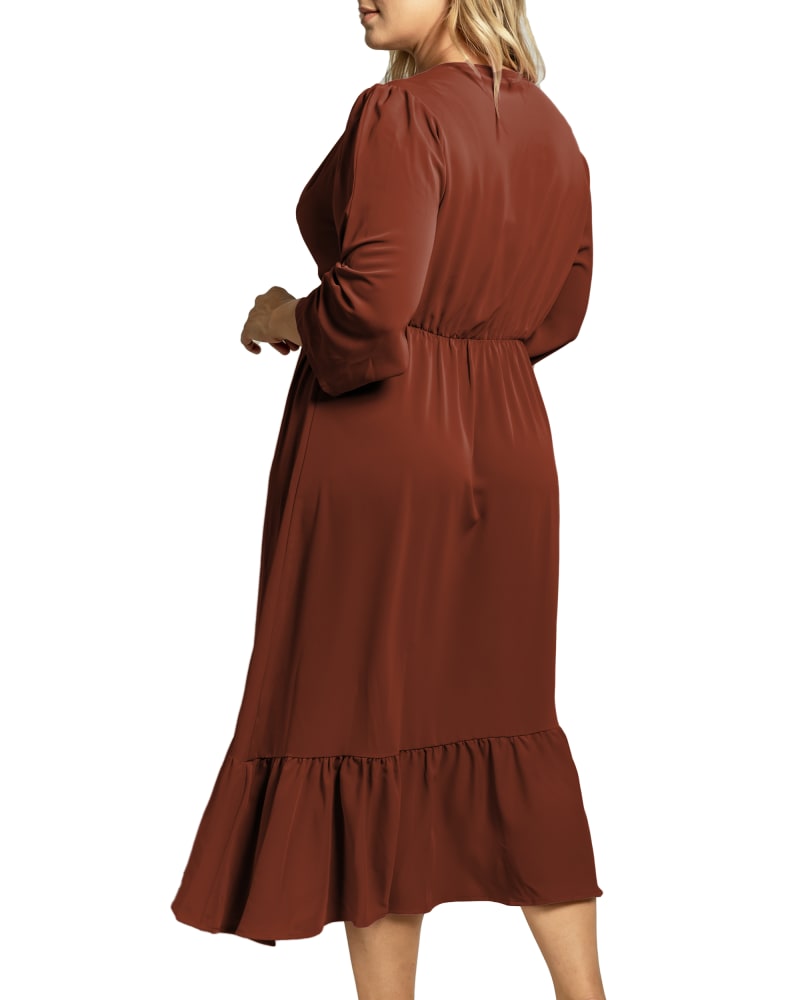Back of a model wearing a size L Penny Ruffle Hem Midi Dress in Brownie by Standards & Practices. | dia_product_style_image_id:238683